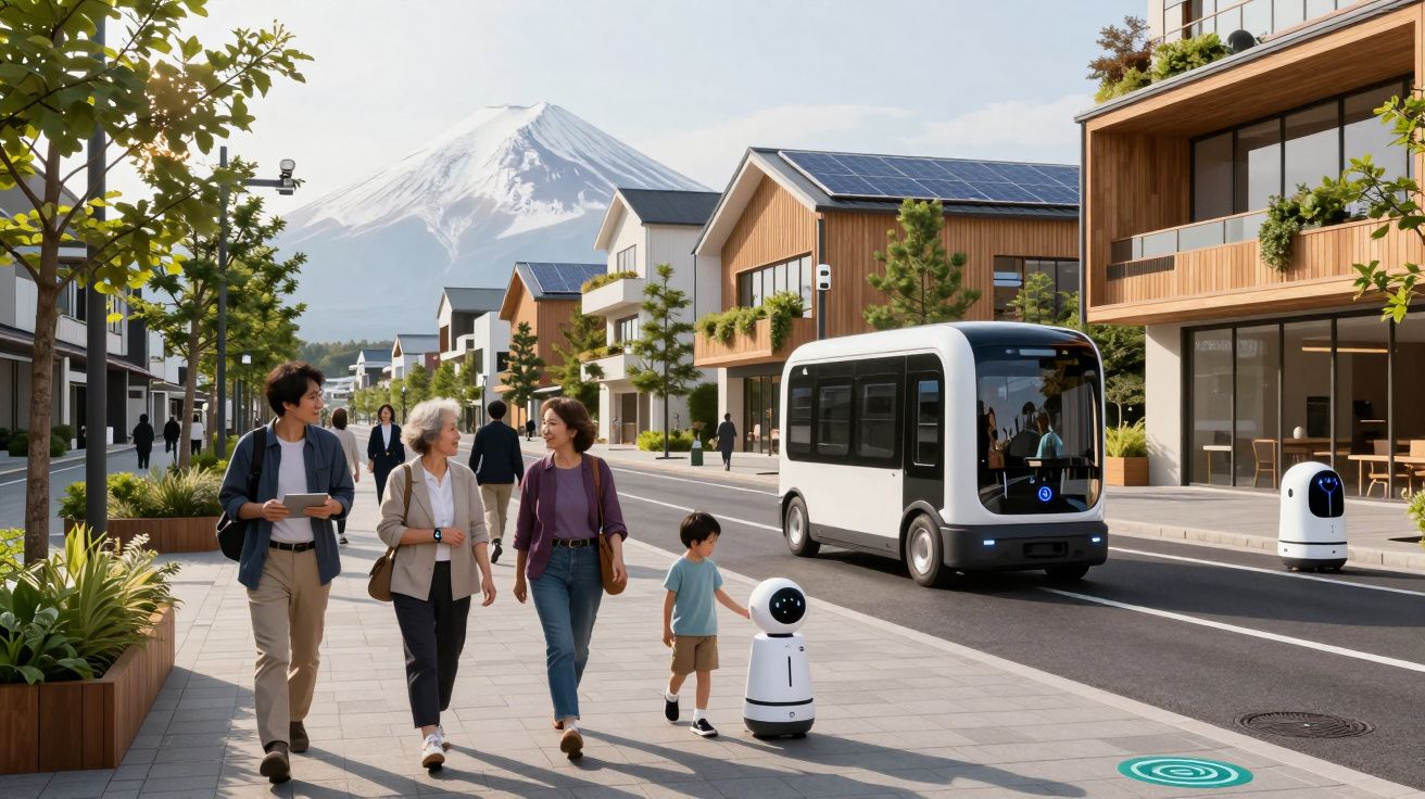 Rua moderna com pessoas, veículos e robôs autónomos, com montanha nevada ao fundo.