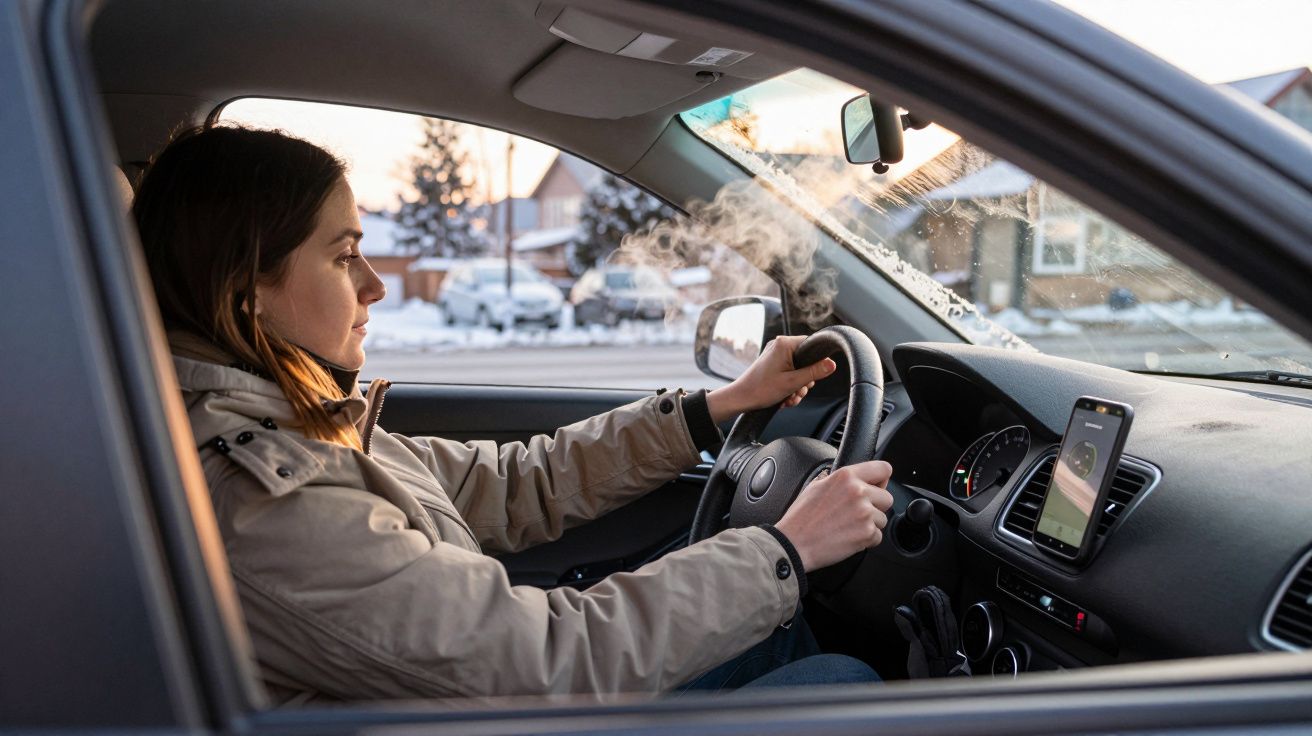 Mulher a conduzir carro com casaco quente num dia frio com vapor visível no interior do veículo.