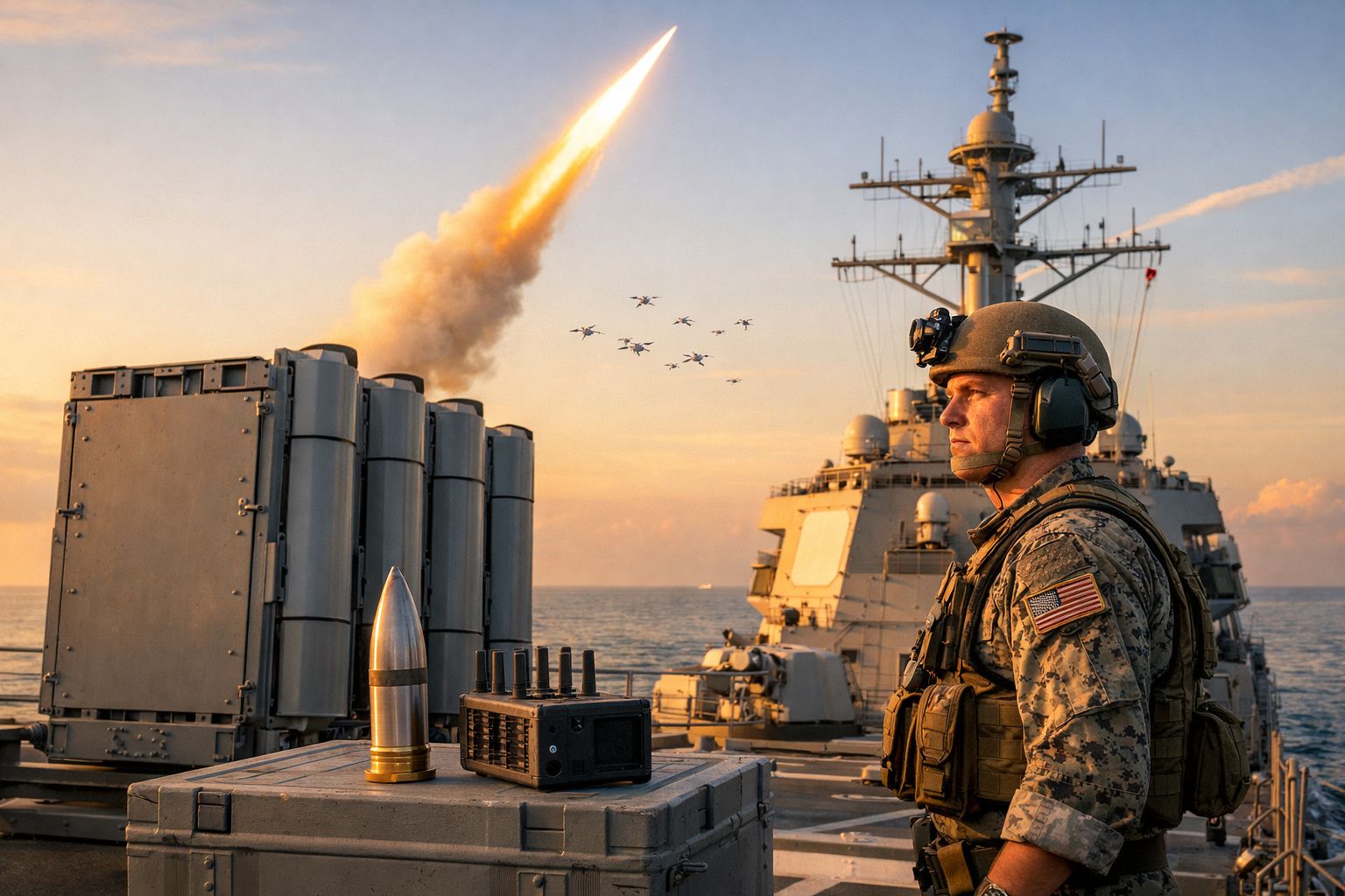 Soldado militar em navio de guerra observa lançamento de míssil ao pôr do sol, com esquadrilha de aviões ao fundo.