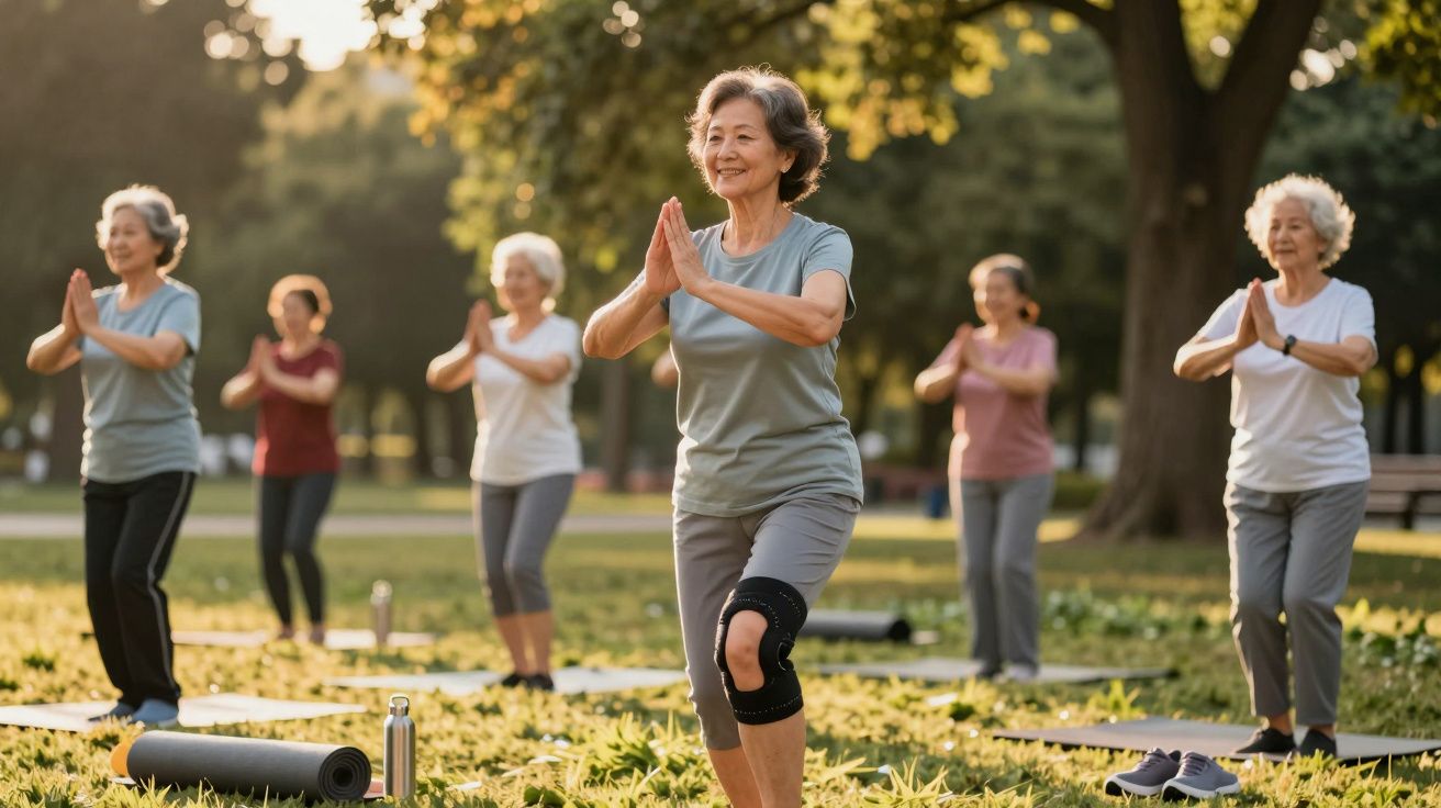 Grupo de mulheres idosas a fazer yoga num parque ao ar livre ao entardecer.