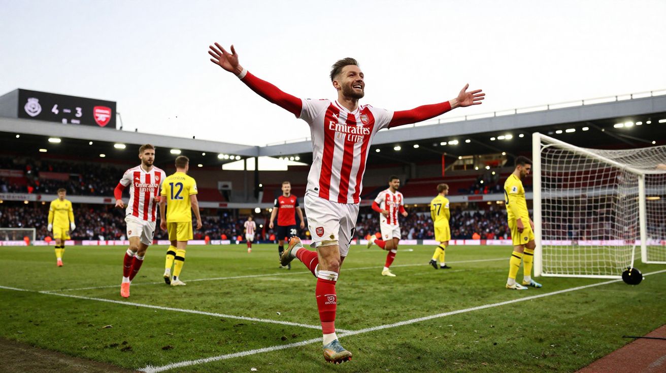 Jogador do Arsenal a celebrar golo com braços abertos, com adversários e estádio ao fundo.