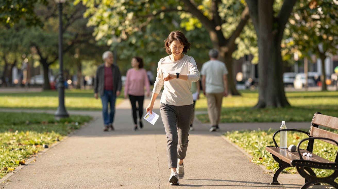 Mulher caminhando num parque, a olhar para o relógio, com outras pessoas ao fundo e banco com garrafa de água.