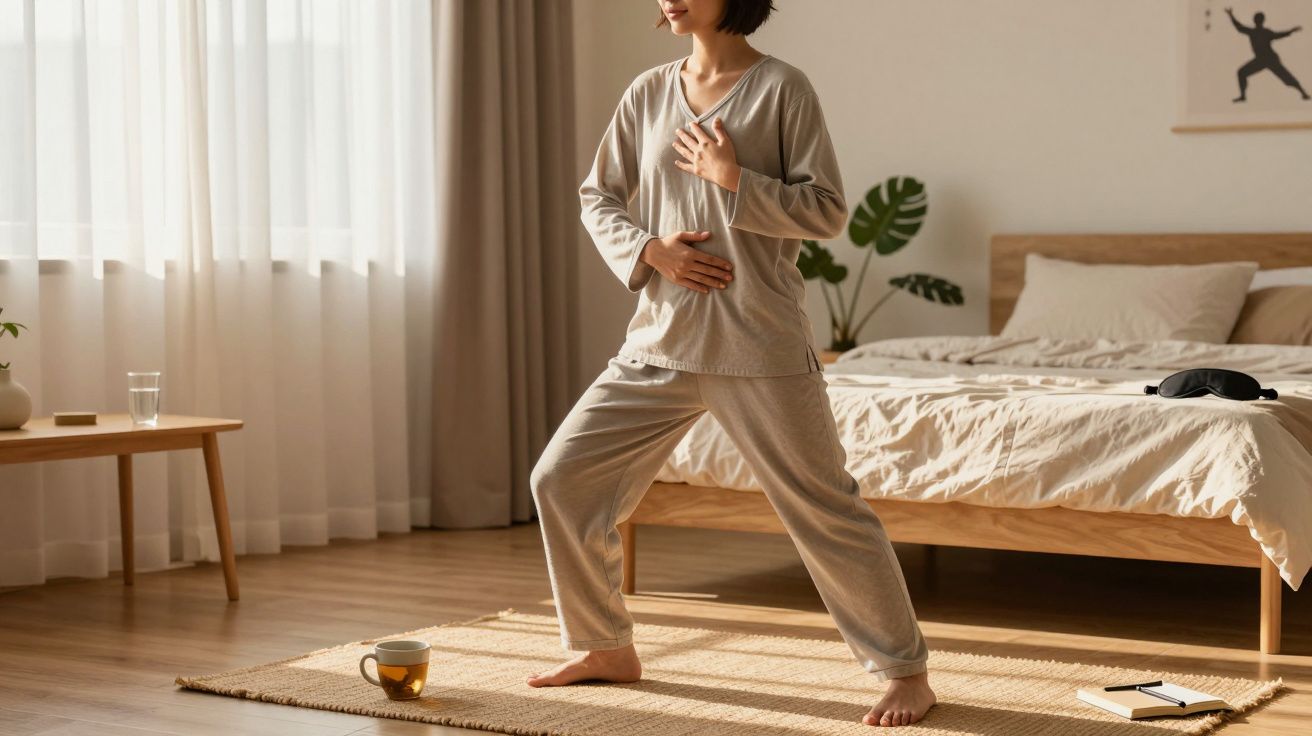 Pessoa em pijama a praticar exercícios de respiração num quarto claro e confortável.