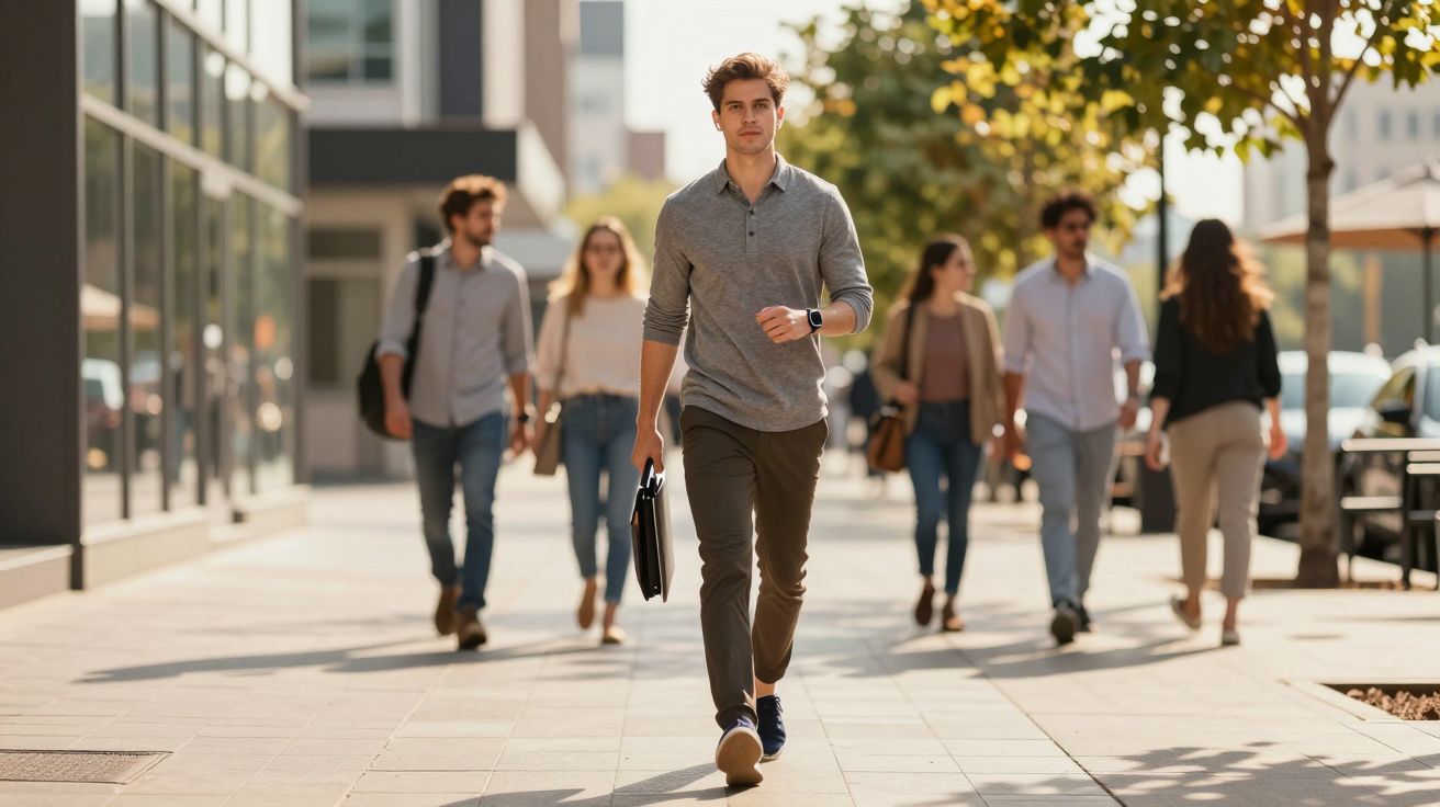 Jovem a caminhar na rua numa zona urbana, com outras pessoas ao fundo, em dia ensolarado.