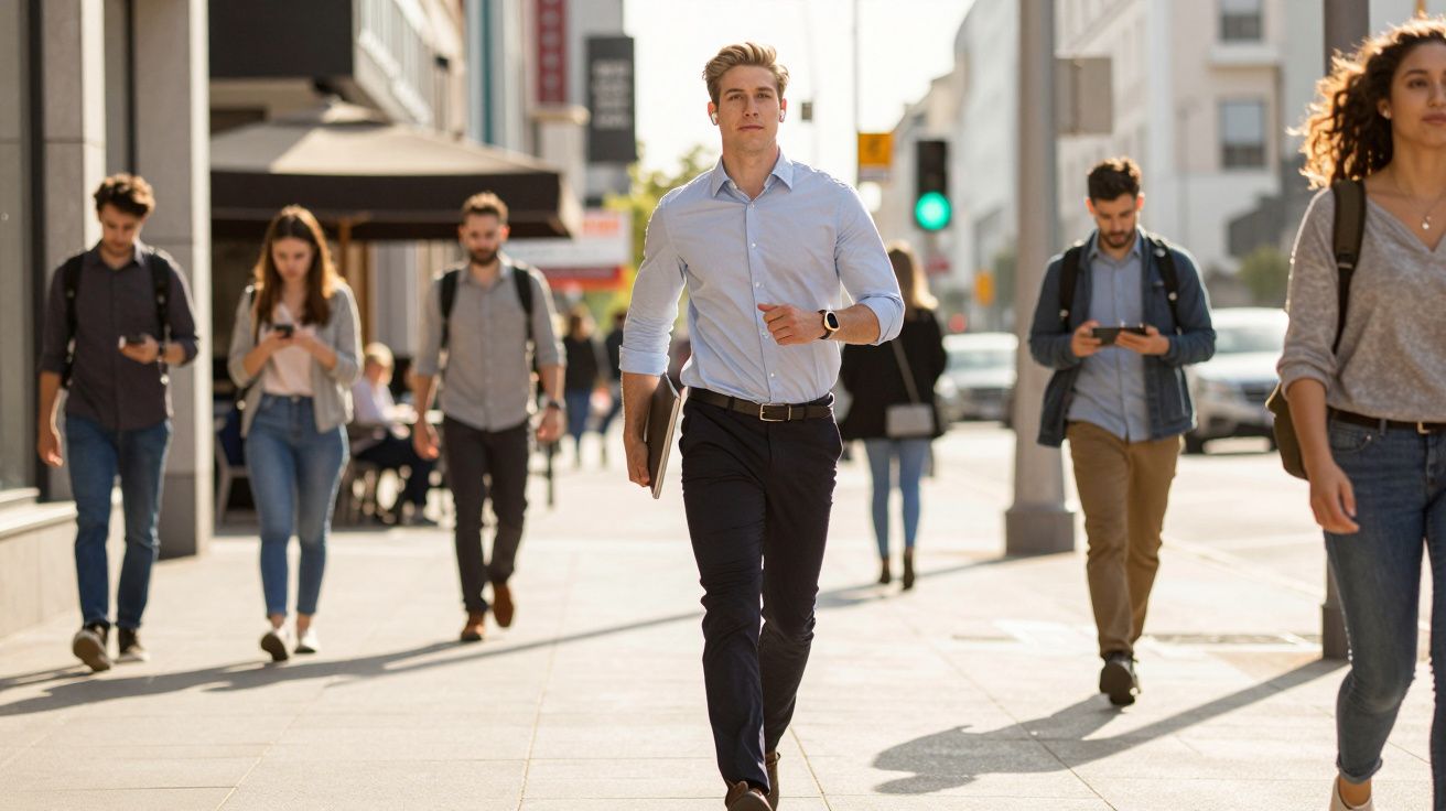 Homem de camisa azul a caminhar numa calçada de cidade, rodeado por várias pessoas com mochilas.