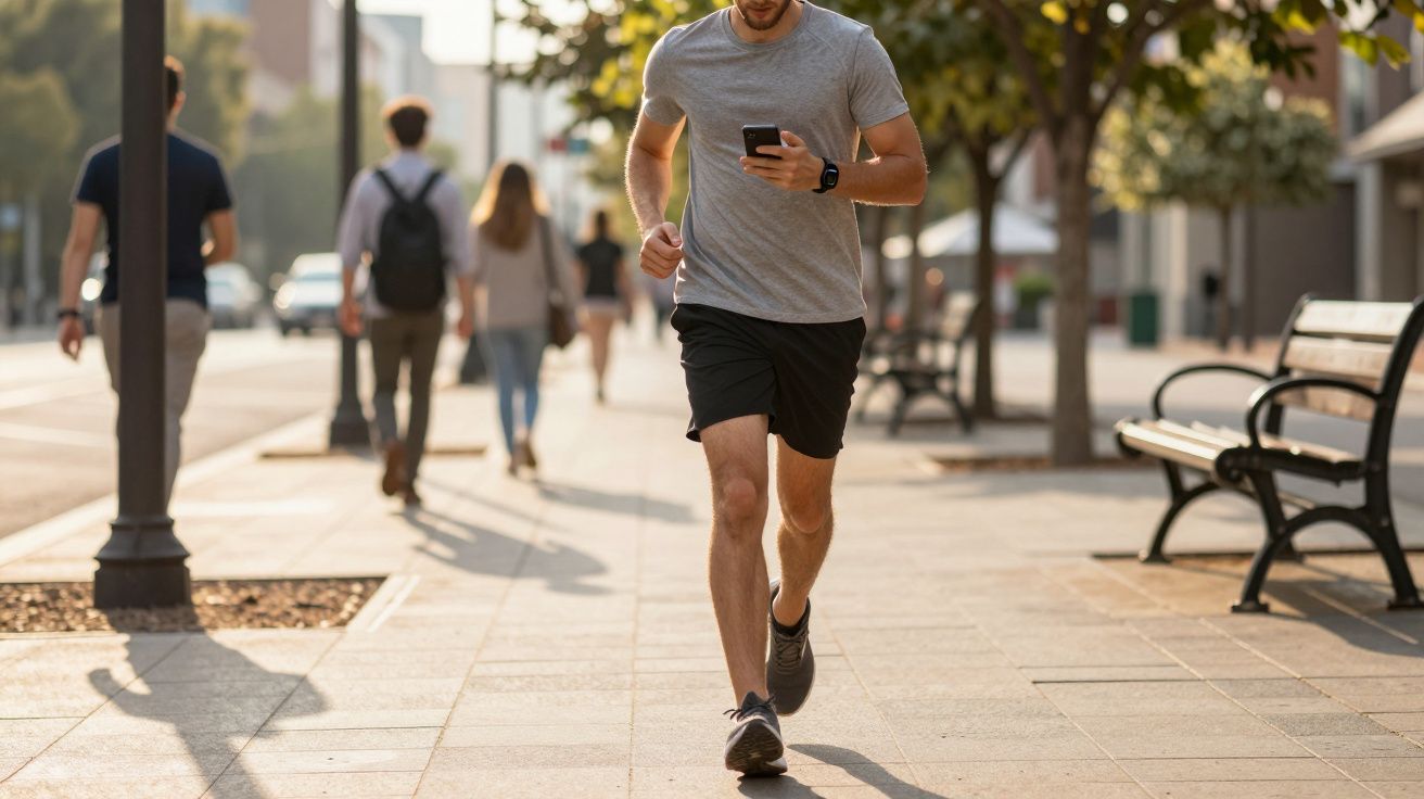 Homem de roupa desportiva a correr na calçada de uma rua urbana com árvores e bancos de jardim.