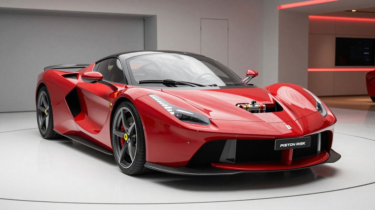 Carro desportivo vermelho Ferrari estacionado em ambiente interior limpo e moderno.