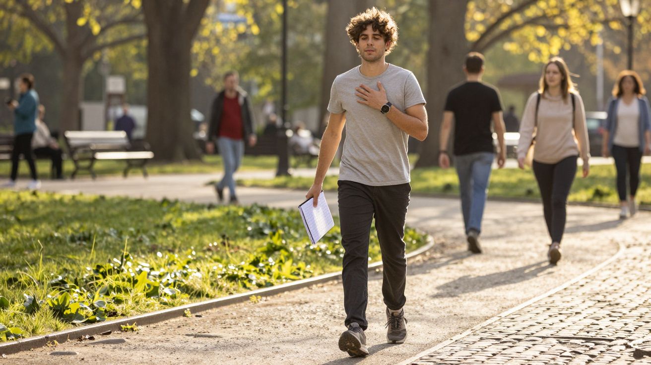 Homem a caminhar num parque com uma mão no peito e outra a segurar papéis num dia ensolarado.