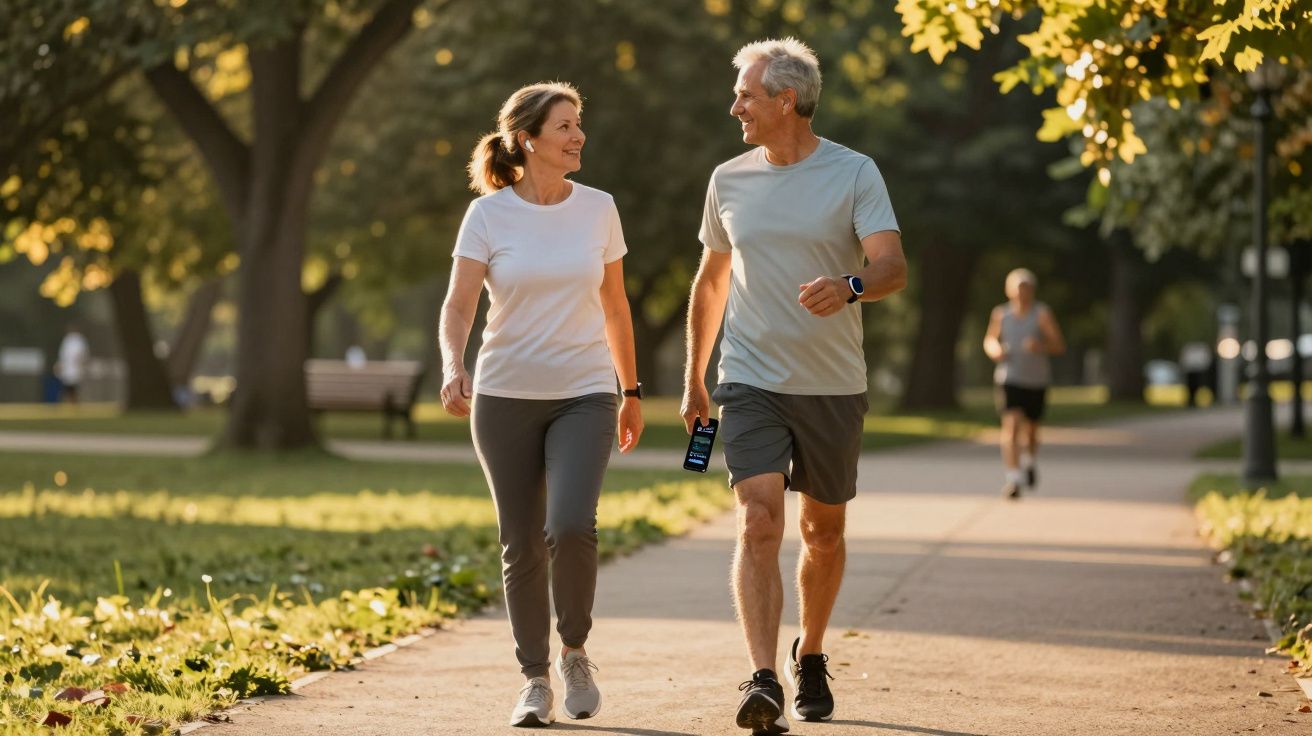 Casal sénior a caminhar e conversar num parque ensolarado rodeado de árvores e vegetação.