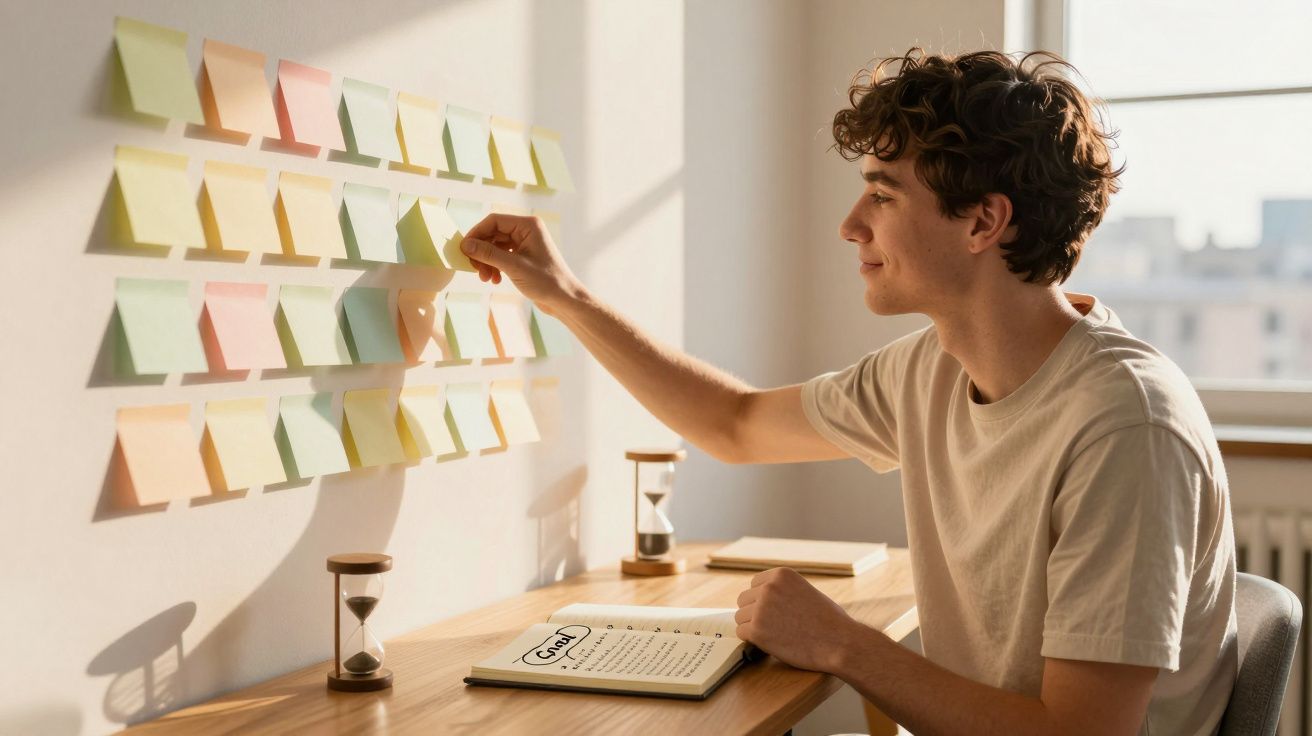 Jovem a sorrir e organizar notas autocolantes coloridas numa parede próxima a uma janela luminosa.