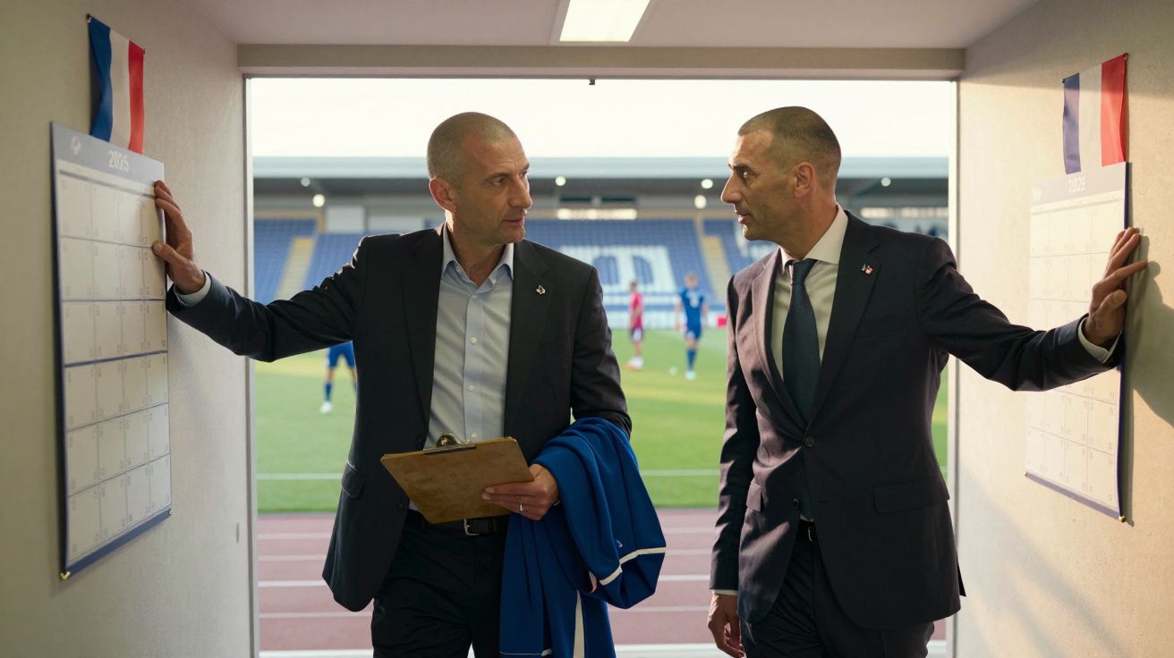 Dois homens de fato conversam no corredor de um estádio de futebol, com campo ao fundo.