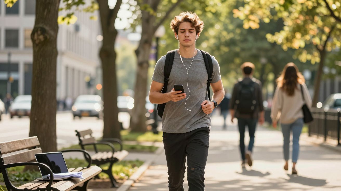 Jovem com auscultadores a correr numa avenida com árvores, segurando um telemóvel e mochila preta.