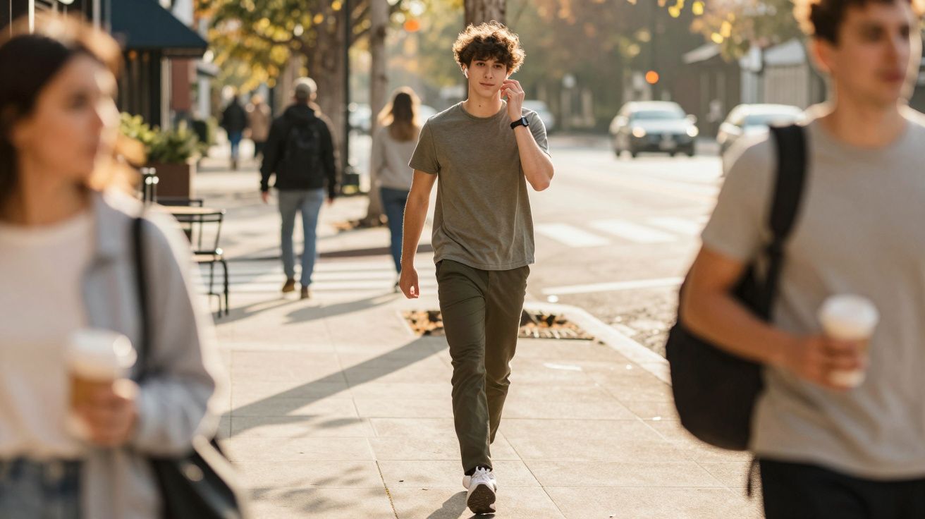 Jovem a caminhar numa calçada urbana ensolarada, com pessoas ao redor e carros na rua.