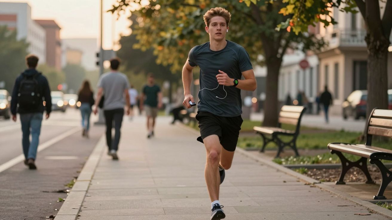 Jovem a correr numa calçada urbana com pessoas a passar e bancos ao lado numa tarde ensolarada.
