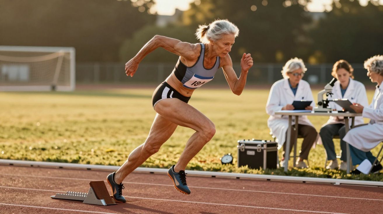 Atleta sénior feminina a iniciar corrida numa pista, enquanto três cientistas observam e anotam dados.