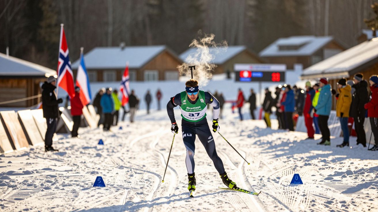 Esquiador de fundo em competição, expelindo vapor da respiração em dia ensolarado de inverno na neve.
