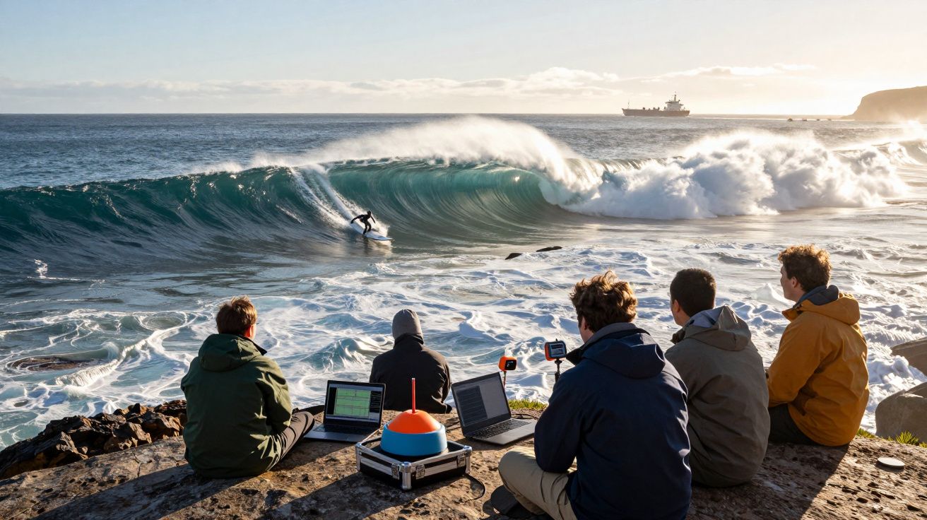 Cinco pessoas observam um surfista numa grande onda enquanto analisam dados em computadores junto ao mar.