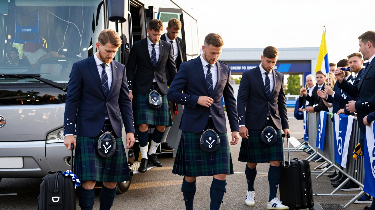 Homens em kilts saem de autocarro com malas, recebidos por grupo a aplaudir numa zona urbana.