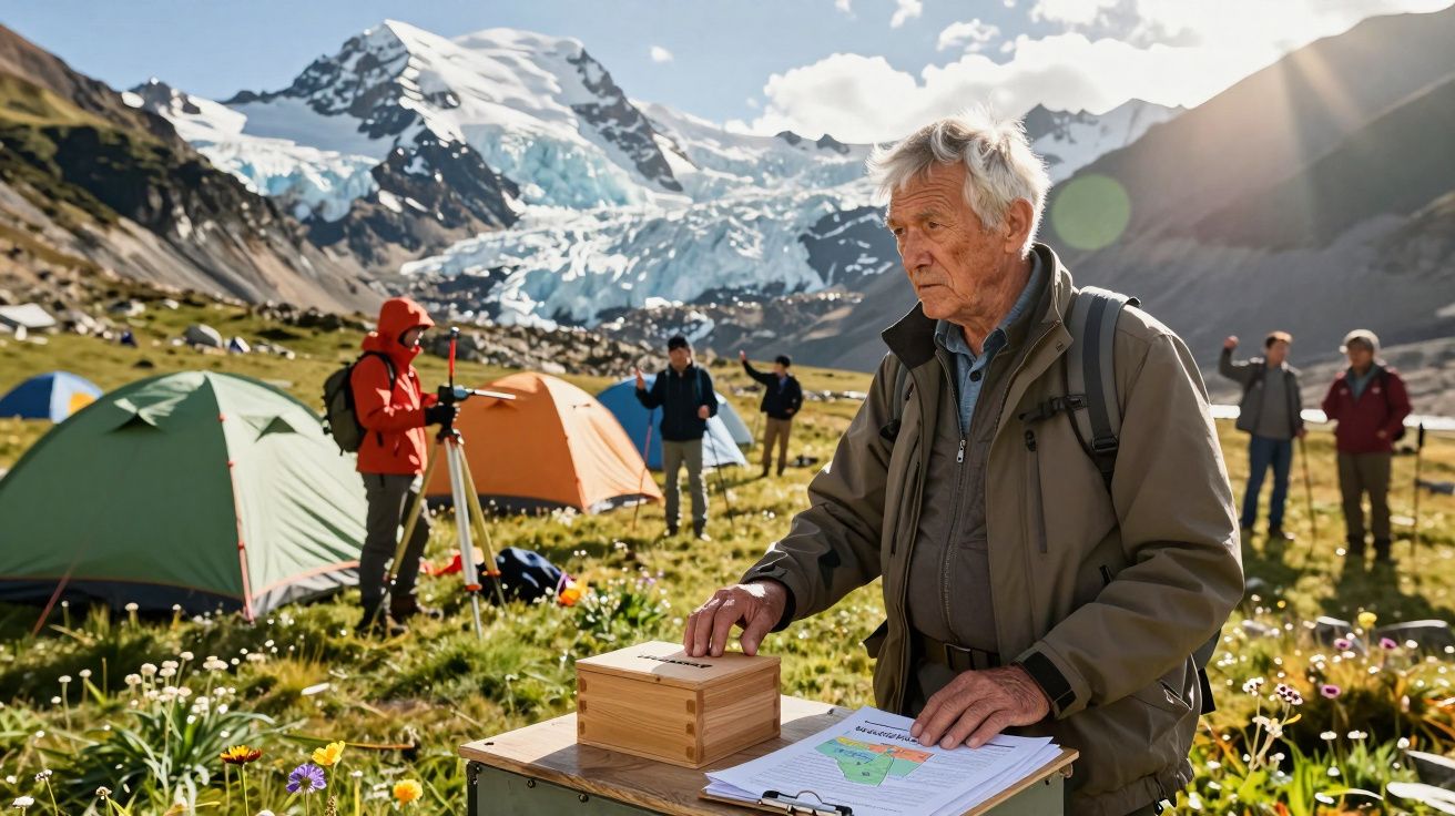 Homem idoso ao ar livre, com tenda e montanha nevada ao fundo, em dia ensolarado na natureza.