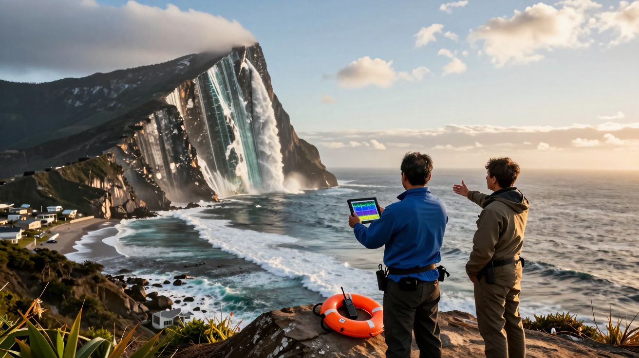 Duas pessoas observam uma cascata gigante que desagua no mar junto a uma vila costeira, ao pôr do sol.