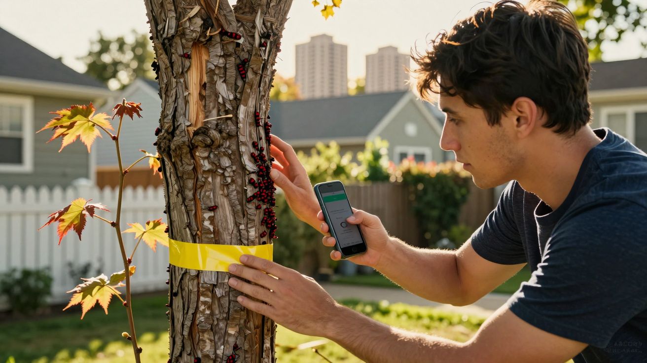 Homem jovem analisa árvore com smartphone e fita amarela num quintal suburbano ao entardecer.