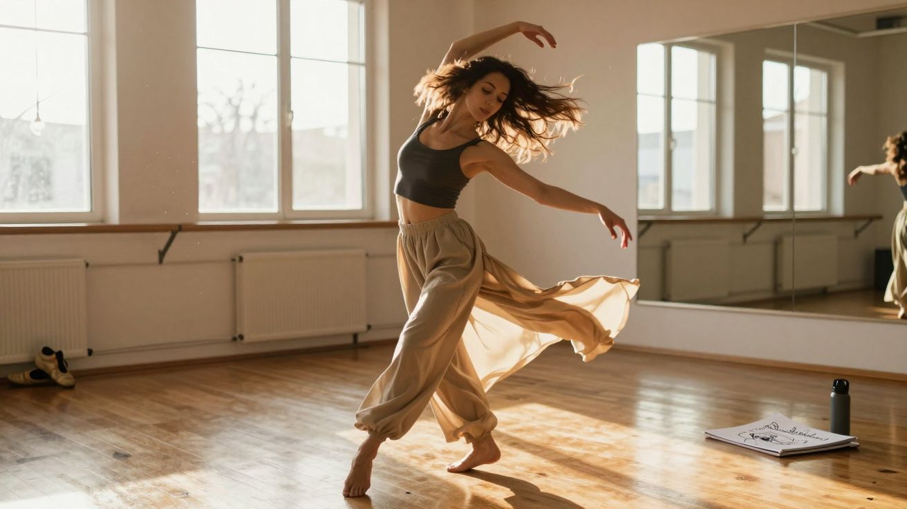 Mulher a dançar num estúdio iluminado pelo sol, com saia esvoaçante e cabelo solto em movimento.