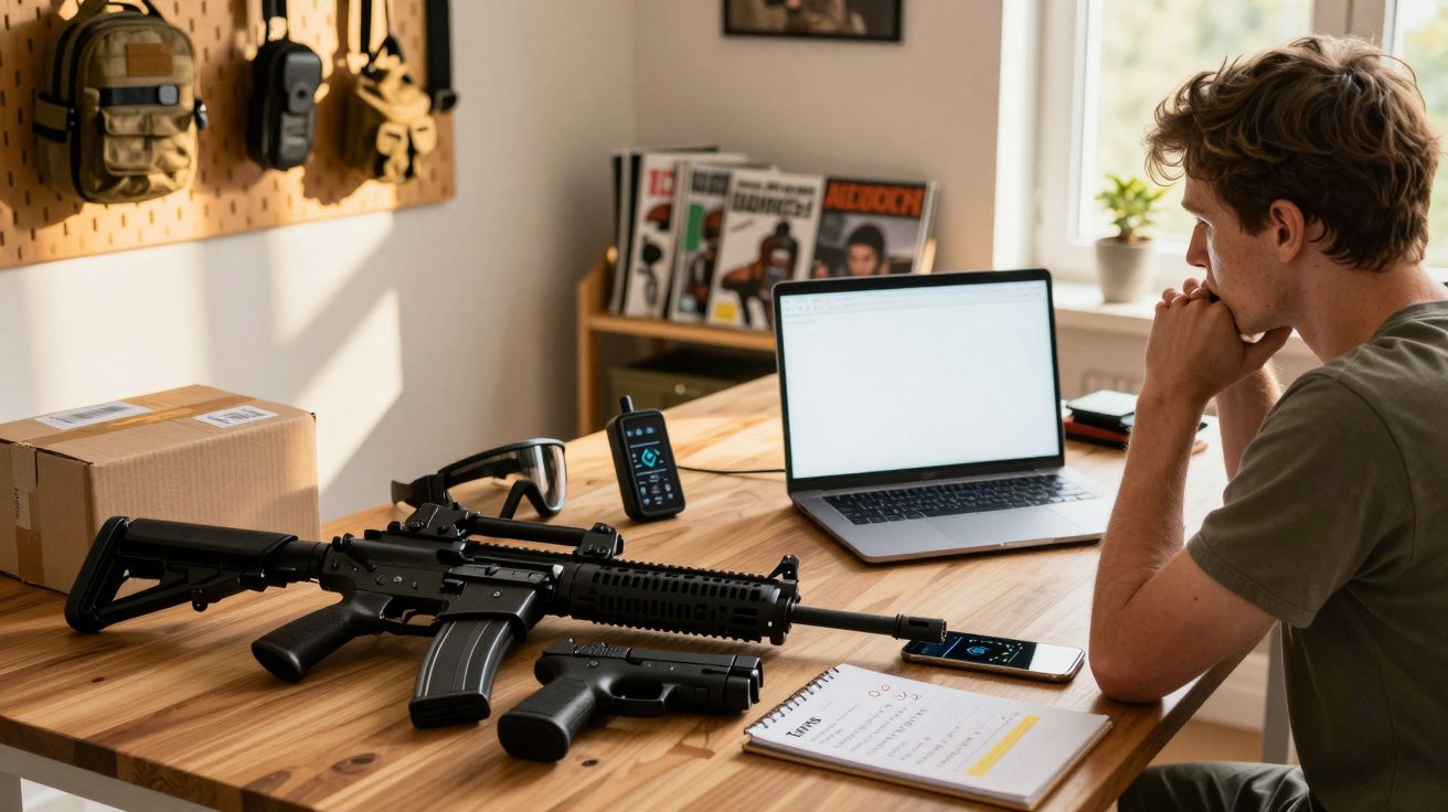 Homem sentado num escritório com armas, computador portátil e equipamentos sobre a mesa de madeira.