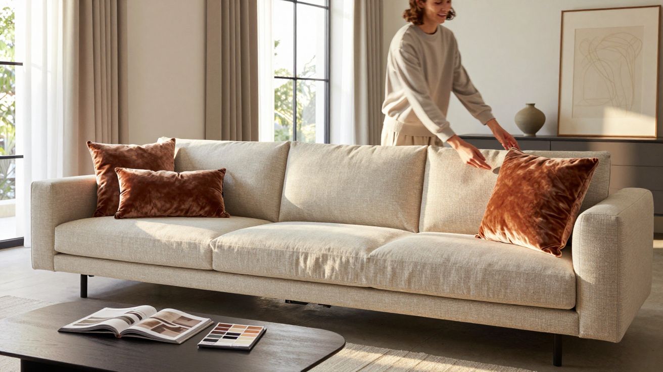 Pessoa arruma almofadas castanhas em sofá bege numa sala iluminada e moderna.