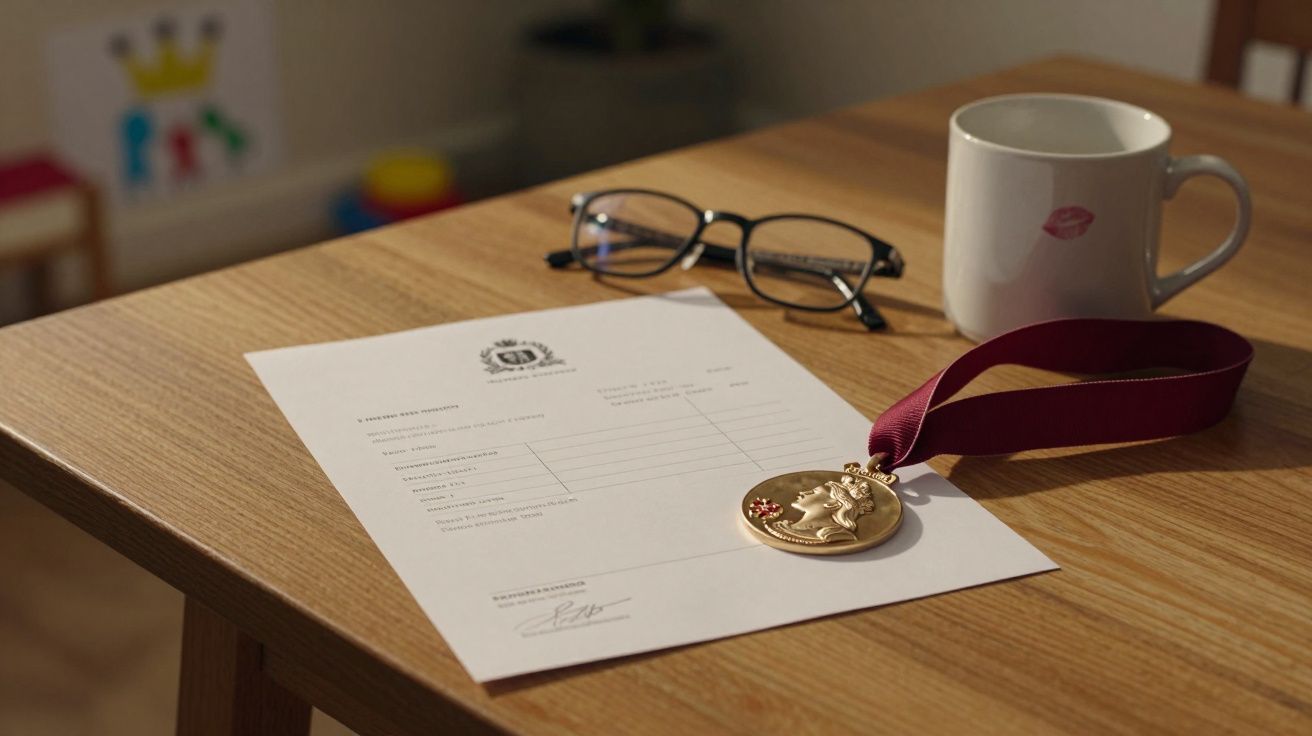 Mesa de madeira com óculos, caneca, certificado e medalha dourada com fita vermelha.