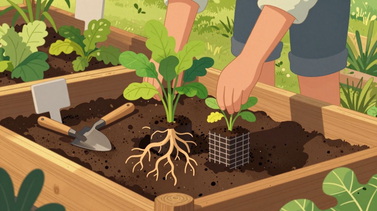 Pessoa a transplantar planta com raízes num canteiro de madeira com ferramentas de jardinagem.