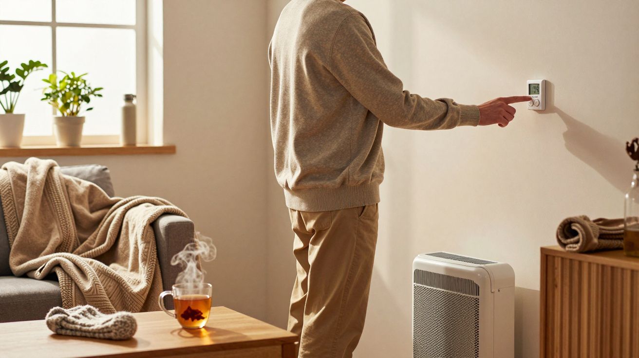 Pessoa a ajustar o termóstato num ambiente acolhedor com aquecedor, chá e manta numa sala iluminada pela janela.