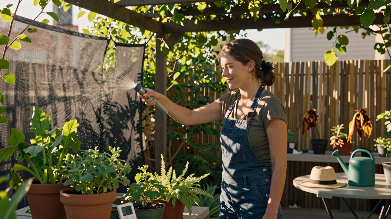 Mulher a regar plantas em vasos num jardim ao ar livre com sombra natural e luz do sol.
