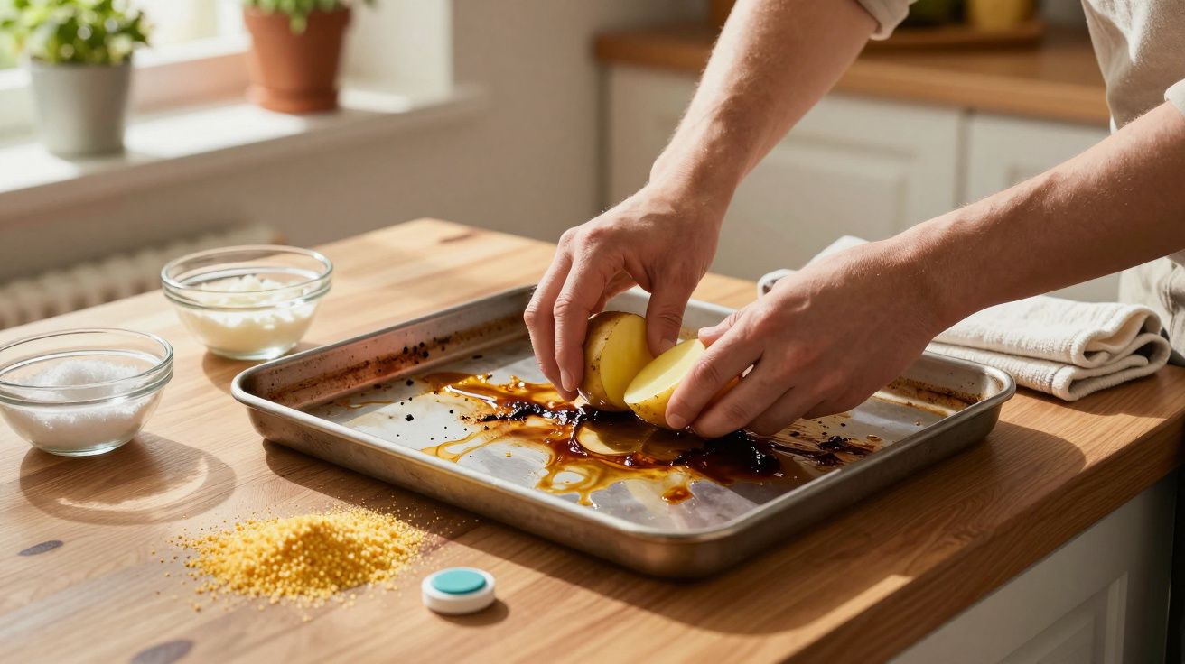 Mãos a cortar batata ao meio sobre tabuleiro com óleo, à volta ingredientes num balcão de cozinha.