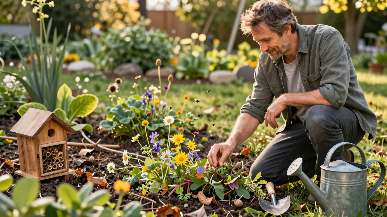 Homem a cuidar de flores e plantas num jardim com regador e casa para insetos ao lado.