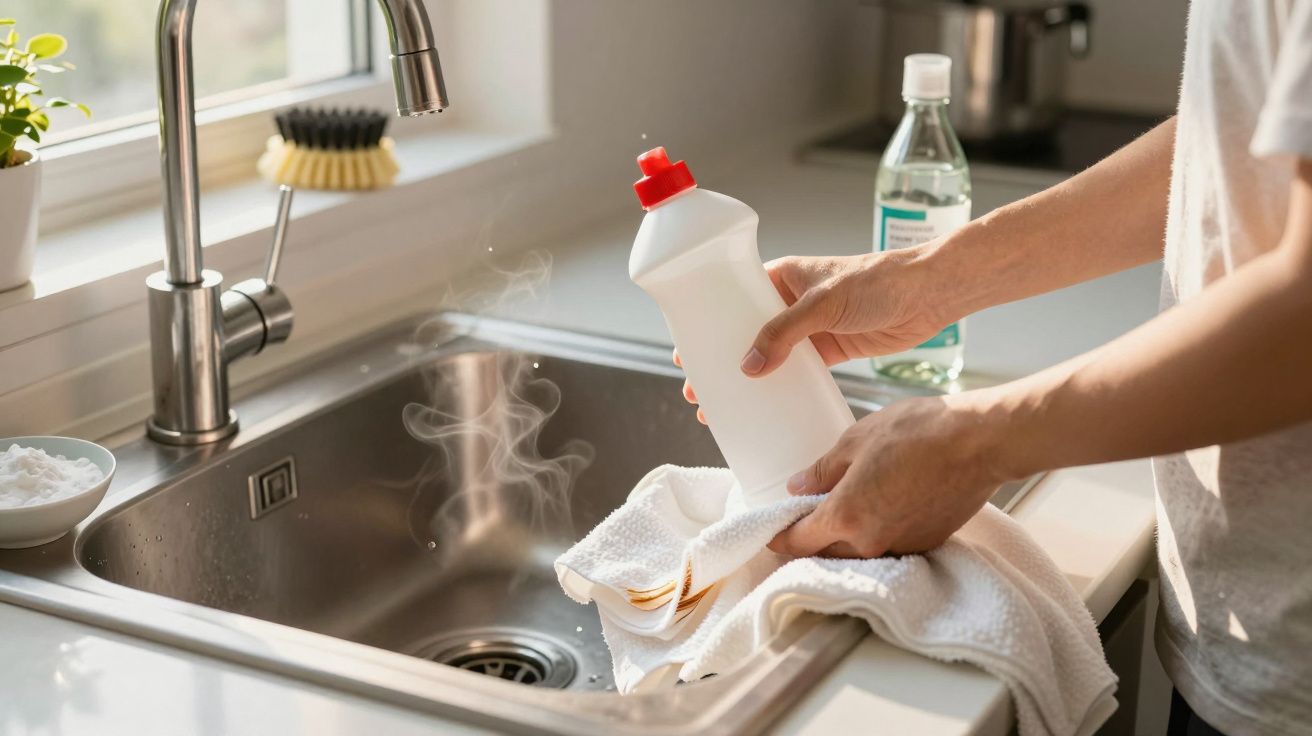 Mãos a limpar pratos com líquido detergente junto a uma pia de cozinha com vapor a sair.