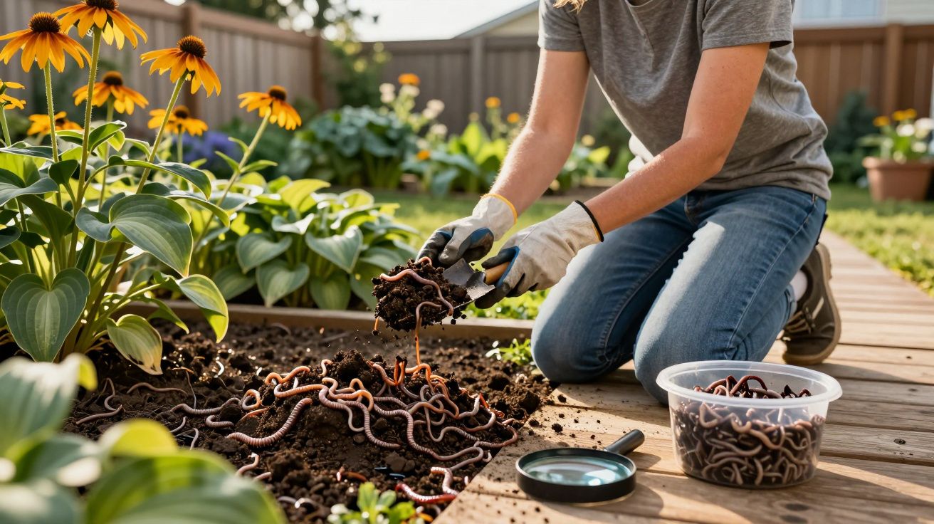 Pessoa de joelhos a mexer terra com minhocas num jardim com flores amarelas e análise de minhocas numa caixa plástica.