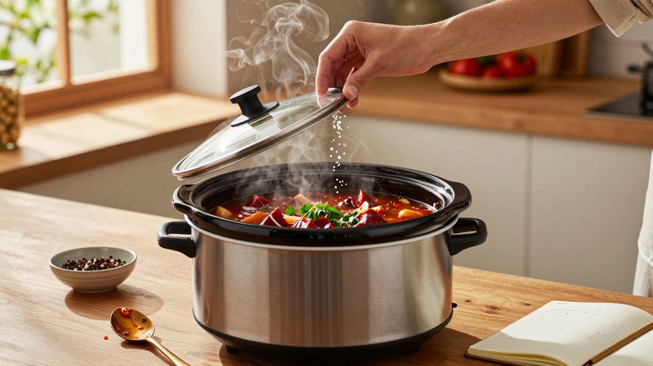 Mão a temperar sopa quente num tacho lento de inox numa cozinha iluminada pelo sol.