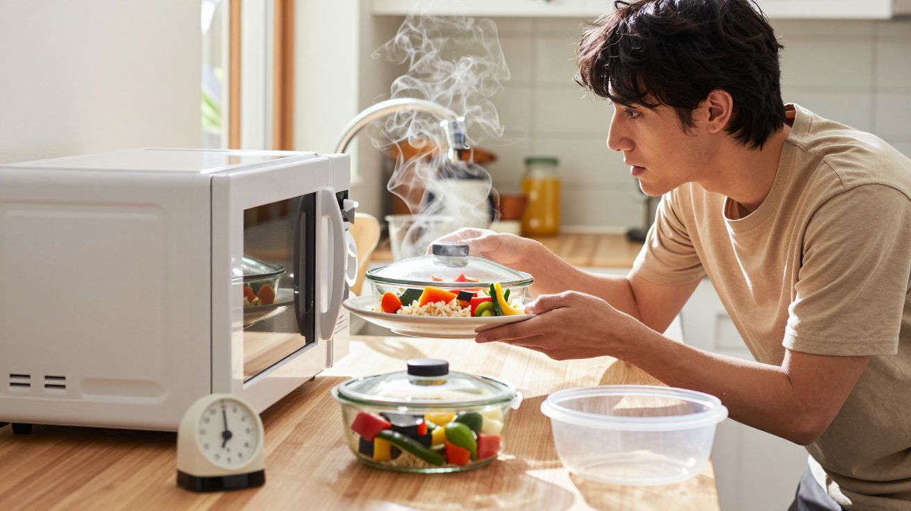 Homem a retirar prato fumegante com comida do micro-ondas numa cozinha bem iluminada.