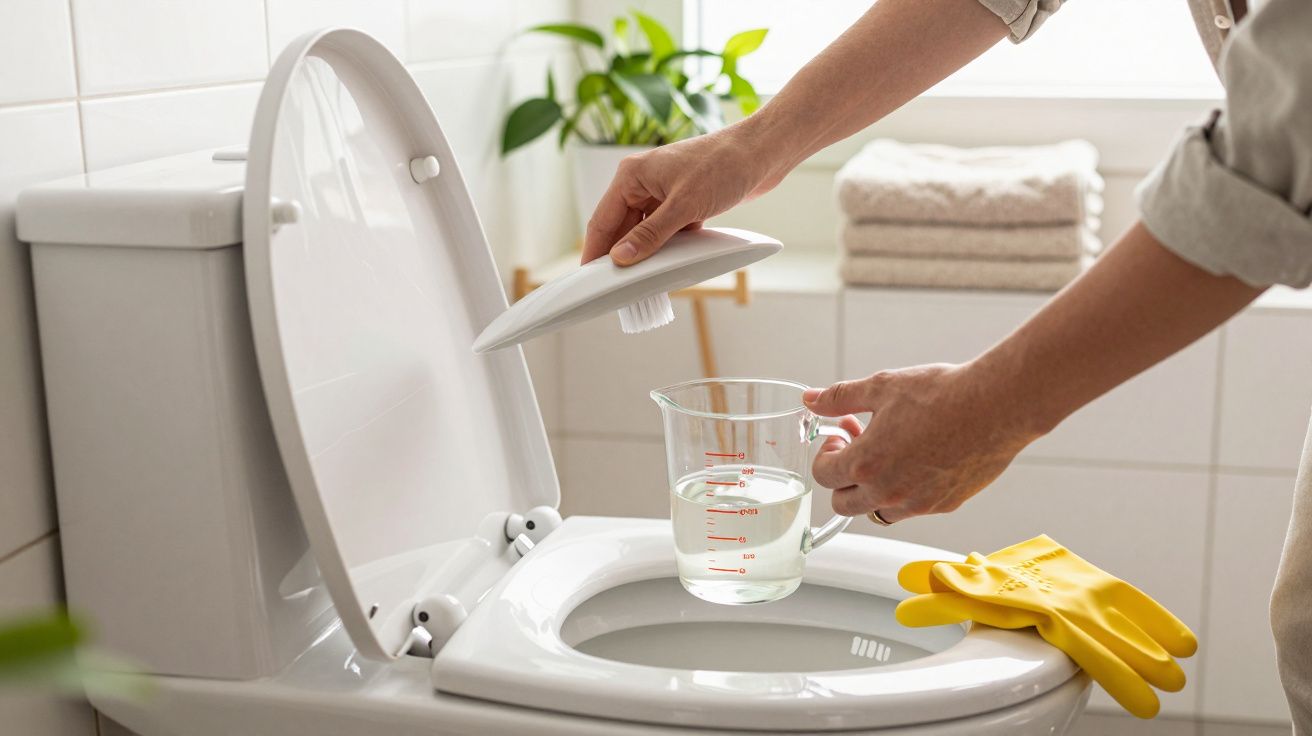 Pessoa a verter líquido de limpeza no sanita, com luvas amarelas ao lado, em casa de banho clara.