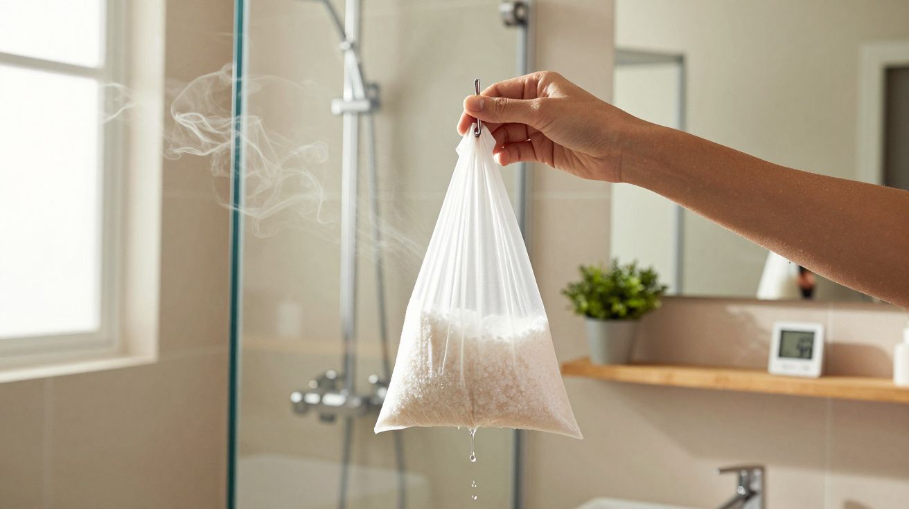 Mão segurando saco de pano com grãos secos vaporizando dentro de uma casa de banho moderna.