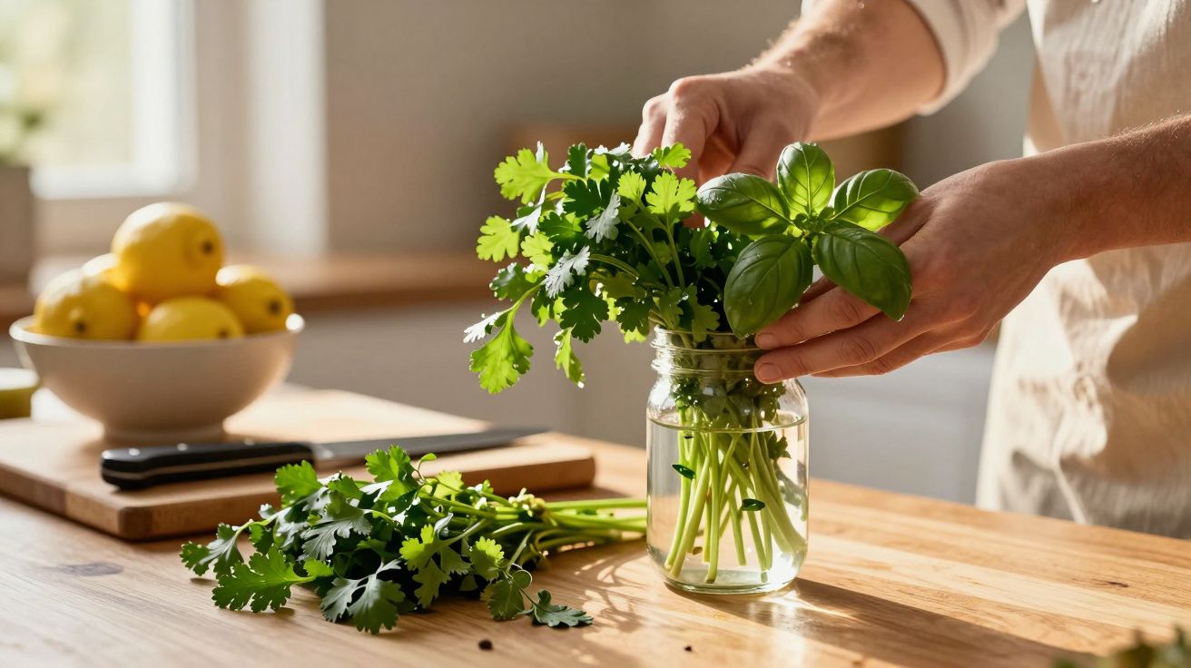 Pessoa a arranjar ervas aromáticas frescas num frasco de vidro numa cozinha iluminada.