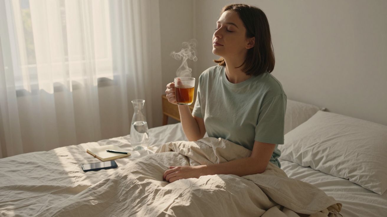 Mulher sentada na cama a saborear chá quente com expressão relaxada e olhos fechados.