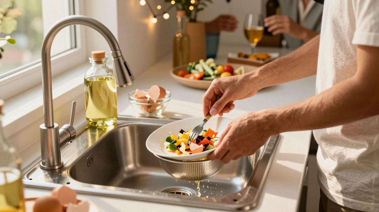 Pessoa a escorrer legumes para salada numa peneira sobre a pia da cozinha moderna.