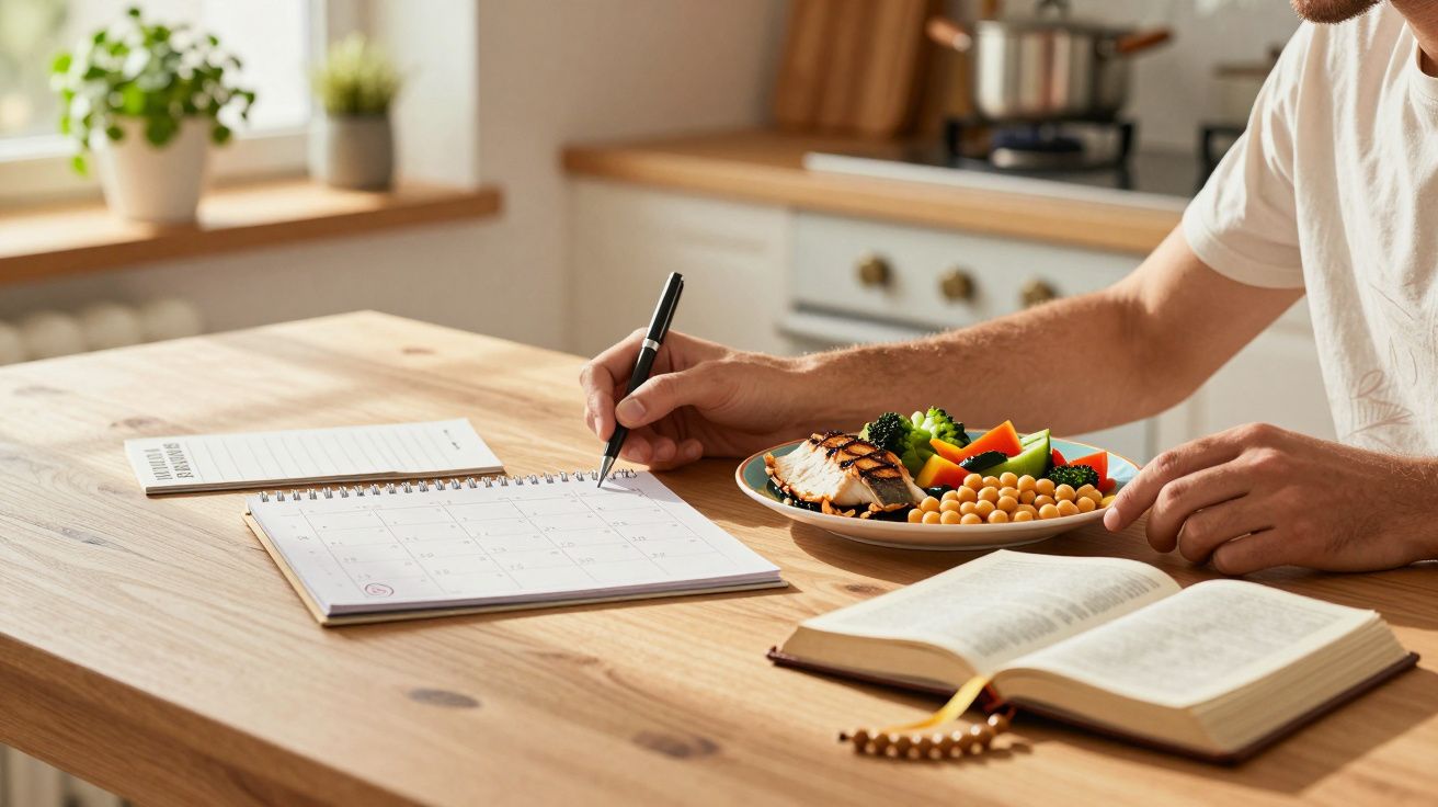 Homem a planear refeições numa agenda junto a prato com legumes e frango cozinhado.