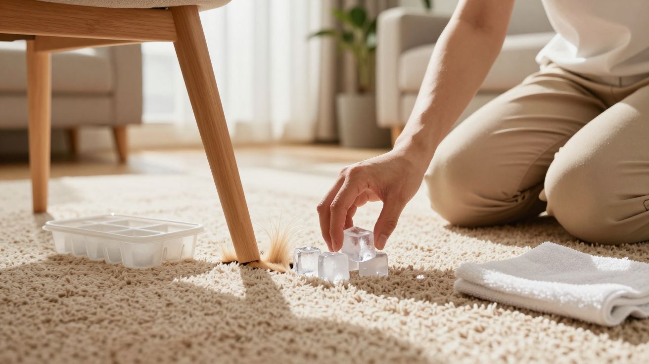 Pessoa retirando cubos de gelo do tapete para remover nódoa de pelo de animal de estimação.
