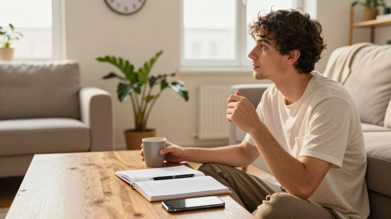 Jovem sentado no chão a beber café, com caderno e telemóvel numa mesa de madeira numa sala iluminada.