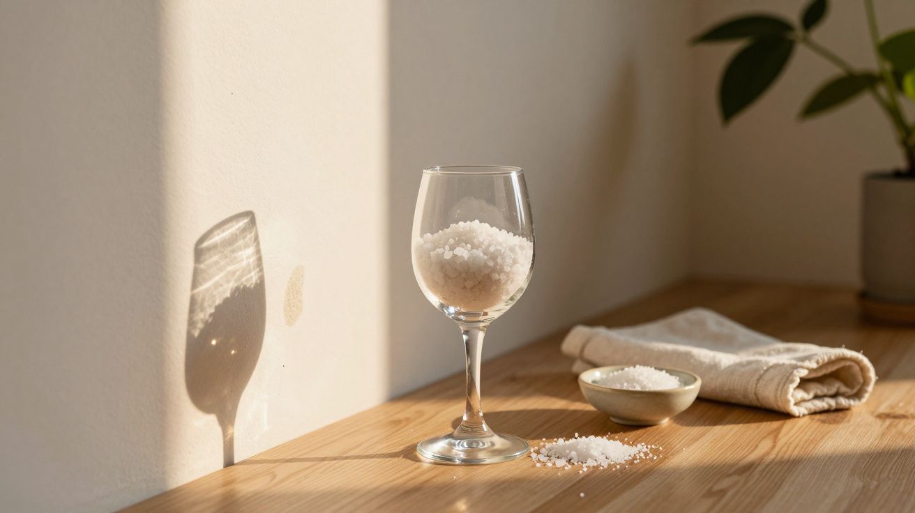 Copo de vidro com cristais brancos, tigela pequena, guardanapo e planta sobre mesa de madeira iluminada.