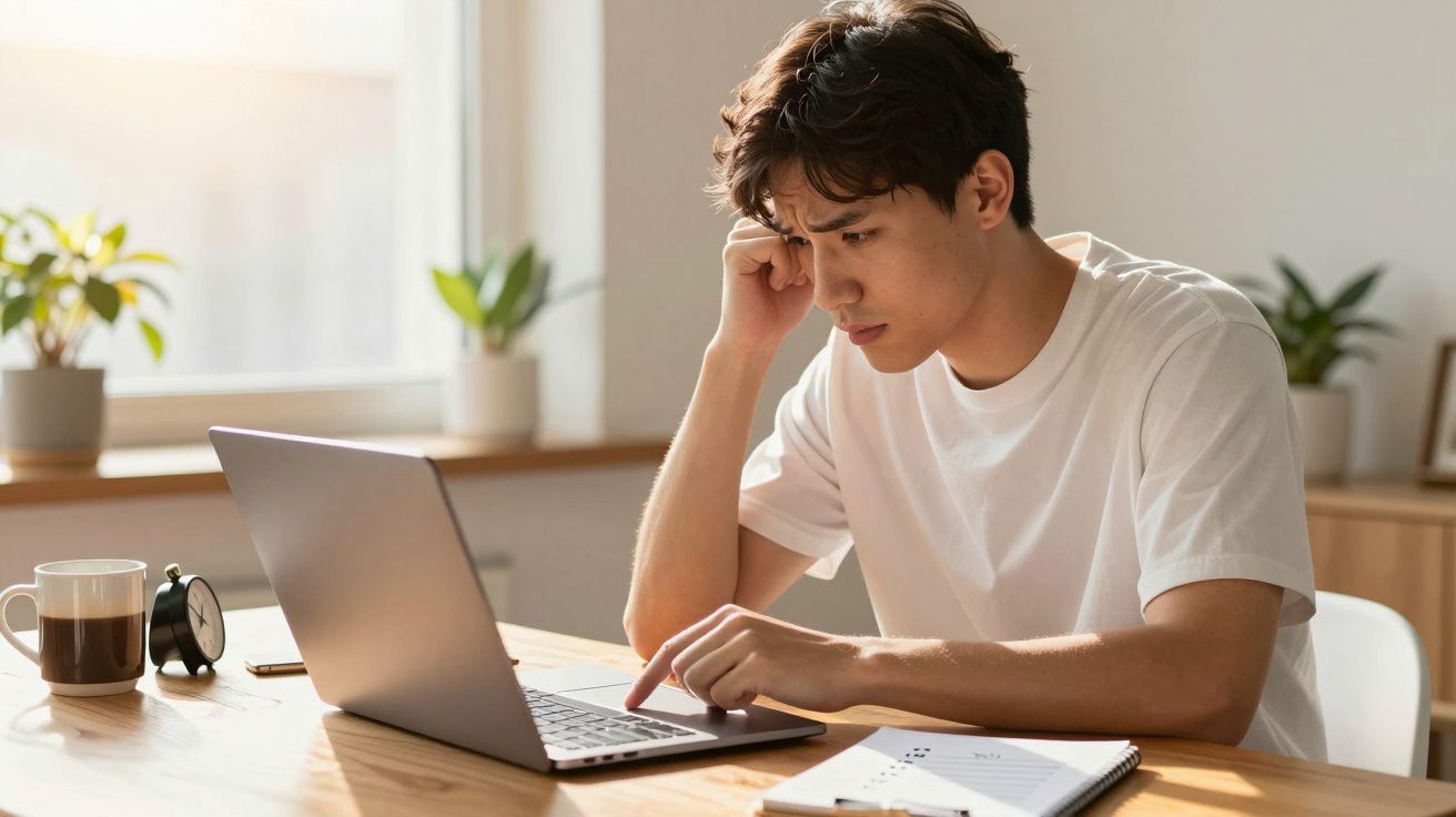Jovem concentrado a usar computador portátil numa mesa com caderno, caneca e relógio numa sala iluminada.