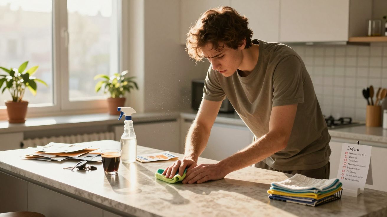 Jovem a limpar bancada de cozinha com pano verde, luz natural entra pela janela e plantas decoram o espaço.