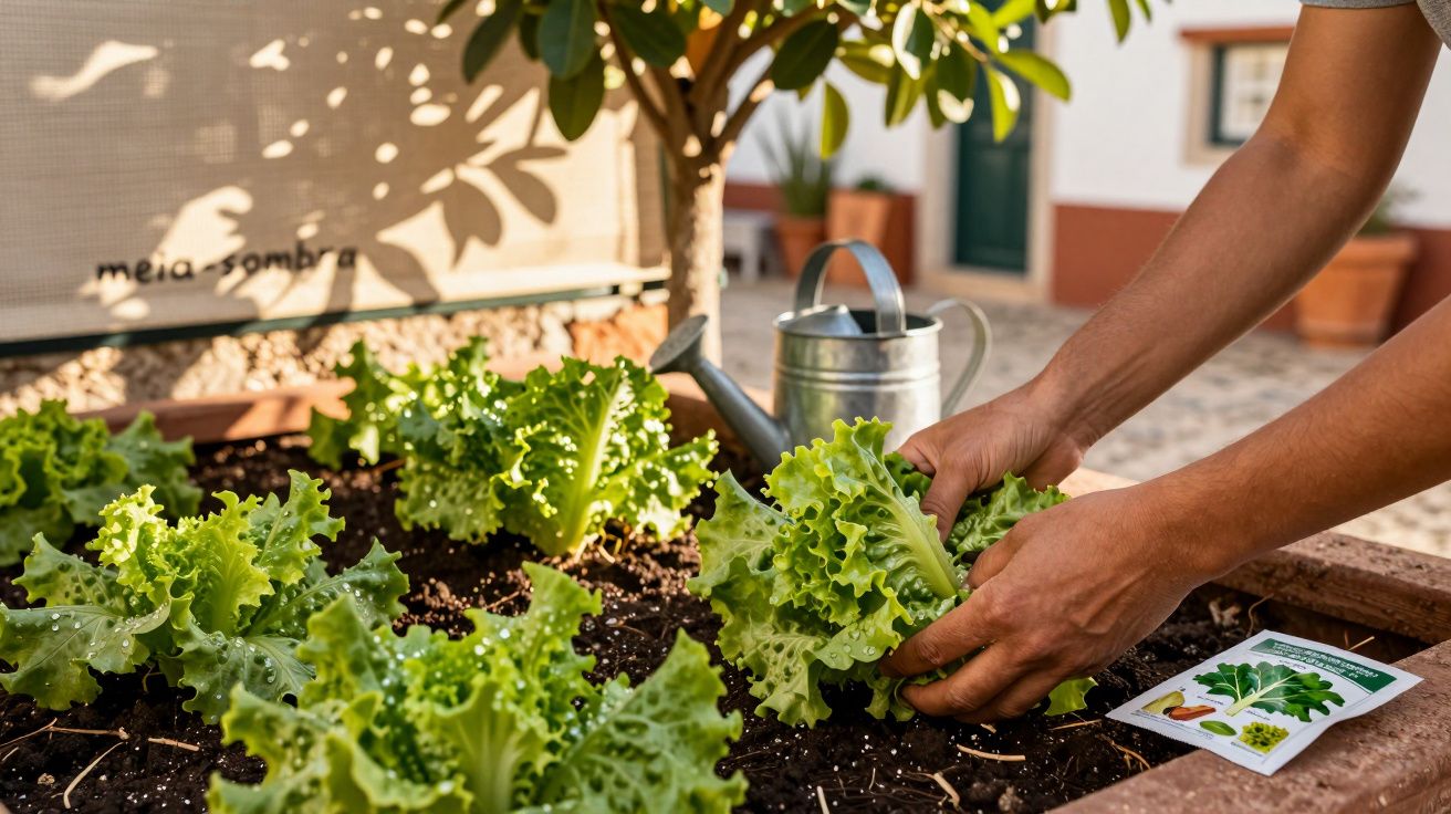 Mãos a colher alfaces verdes em canteiro de jardim com regador e pacote de sementes ao lado.